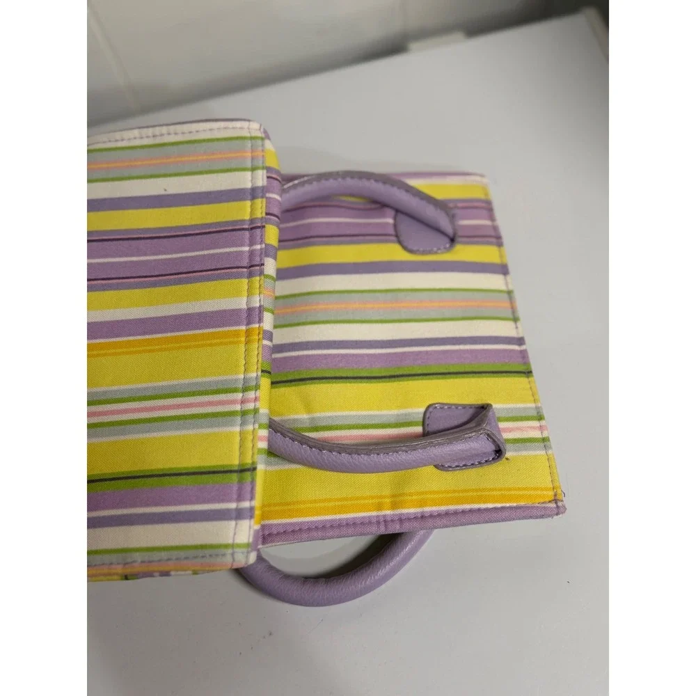 Longaberger Tote Bag Purple Yellow Multi Stripe Canvas Top Handle Purse Handbag
